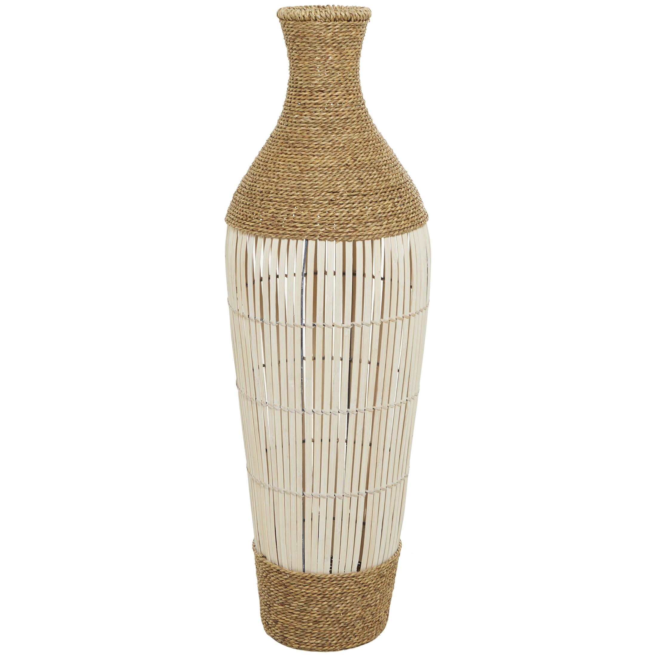DecMode 40" Handmade Wrapped Tall Floor Brown Seagrass Vase with Cream Slatted Bamboo Center
