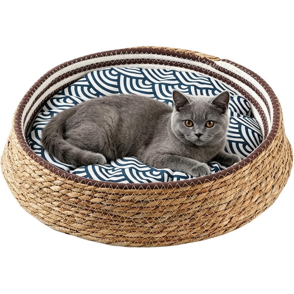 Woven Cat Bed, Handmade All-Season Pet Nest with Cushion, Scratch and Sleep Basket for Indoor Cats