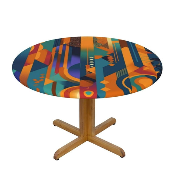Colorful Geometry Round Fitted Tablecloths Table Covers Wipeable Waterproof Elastic for Kitchen Dinning Parties Wedding Picnic Small Fits 40-44 Inch Table Size