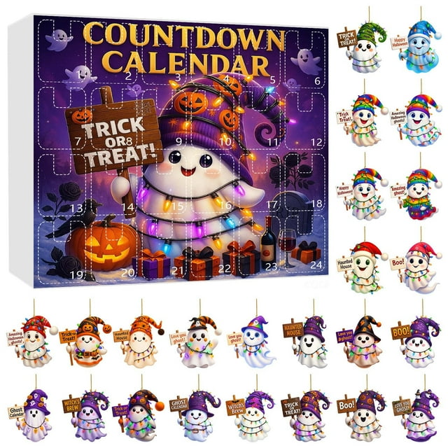 Halloween 2D Flat Print Hanging Ornaments AI Printed Hanging Ornaments Halloween Cute Cartoon 2D Acrylic Countdown Calendar AI Christmas Tree Hanging Ornament Set