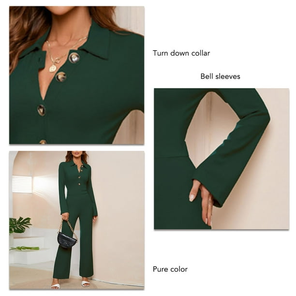 Loose Fit Jumpsuit, Button Women Jumpsuit Straight Leg Trousers Fashionable  For Lady For Weddings M Green 