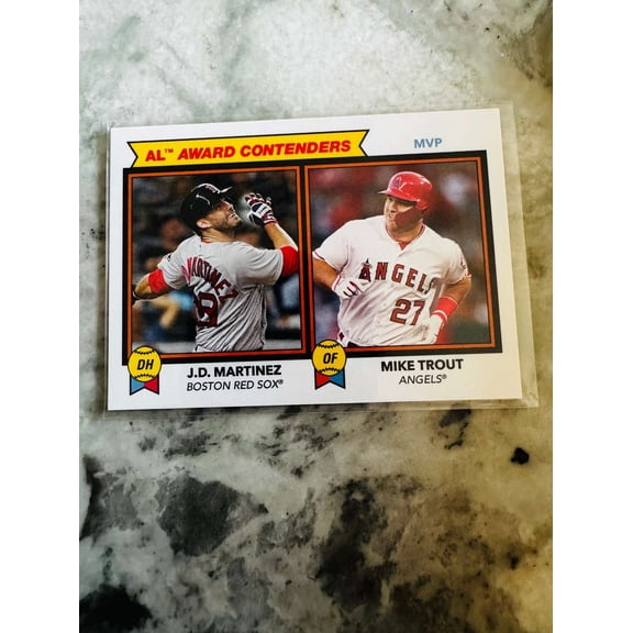 2019 Topps Throwback Thursday #192 J.D. Martinez Mike Trout Red Sox Angels Baseball Card Boston Red Sox MLB Baseball Trading Card
