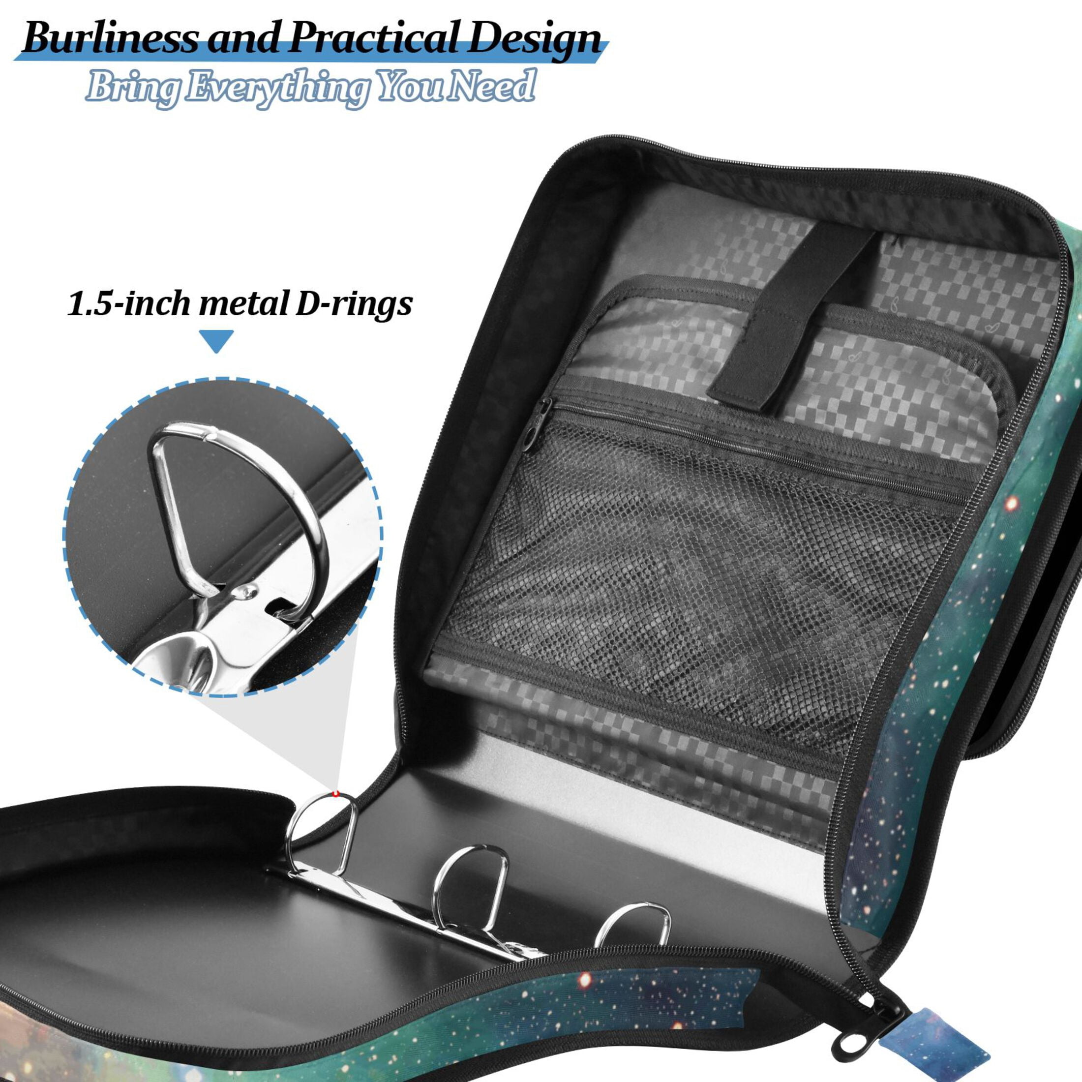 3 Ring Zipper Binder with Shoulder Strap Waterproof Trapper Keeper 2 Inch D-Ring 500 Sheets Capacity Colorful Galaxy with Stars