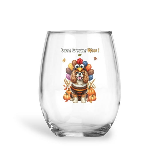 Happy Thanksgiving Cavalier King Charles Spaniel Turkey Costume Pumpkins Autumn Leaves 15oz Stemless Wine Glass Mug Dog Lover Gifts Wine Glasses Cup - 13014