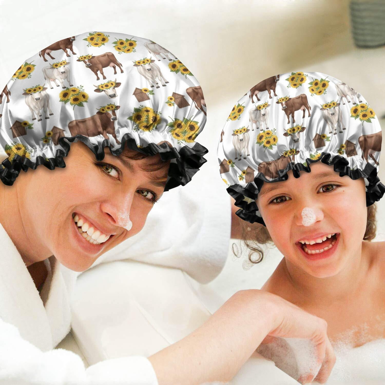 Shower Caps,White Cow Sunflower Pattern Waterproof Shower Cap for Women 4 Pieces,Double Reusable Hair Cover for Shower PEVA Elastic Stretch Hem
