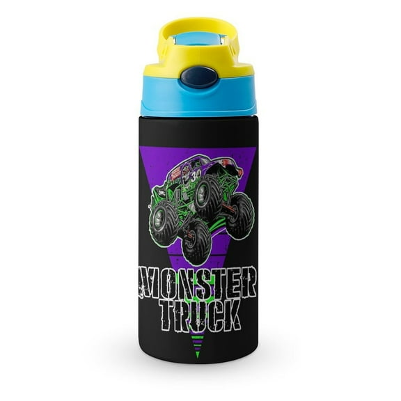 Kids Water Bottle with Covered Pop-Up Straw Monster Truck Jam Insulated Stainless Steel Cup for Girls Boys