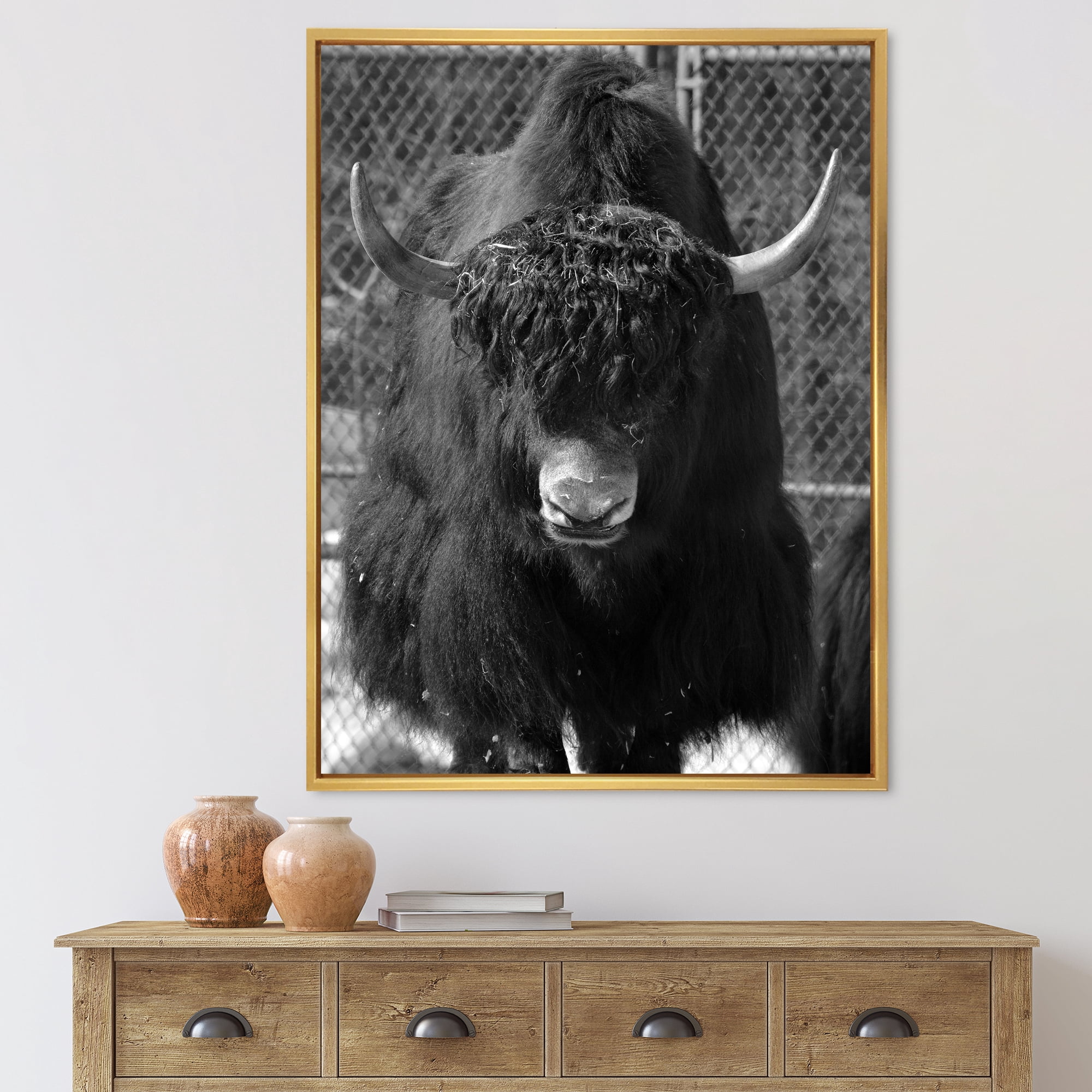 Designart 'Portrait Of Monochrome Wild Bull In Winter Forest II' Farmhouse Framed Canvas Wall Art Print