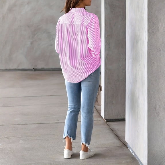 Womens Button Down Shirts Striped Classic Long Sleeve Collared Office Work Blouses Tops with Pocket Pink M