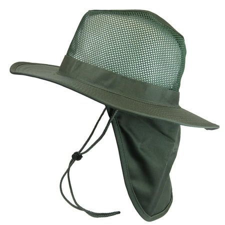 Poly Mesh Cap - Cool Mesh Military Camouflage Boonie Bush Safari Outdoor Fishing Hiking Hunting Boating Brim Hat Sun Cap with Neck Flap (Dark Olive Drab, L), 3 Brim & Neck Flap.., By SW