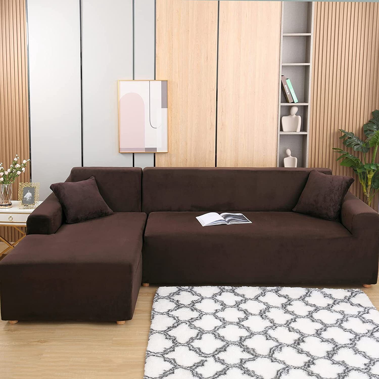 JIAN YA NA Sectional Sofa Slipcovers L Shape Couch Cover,2Pcs Thick Velvet Stretch Anti-Slip Couch Covers for 3 + 3 Seaters Chaise, Furniture Protector Slip Cover for Living Room Pets Kids (Brown)