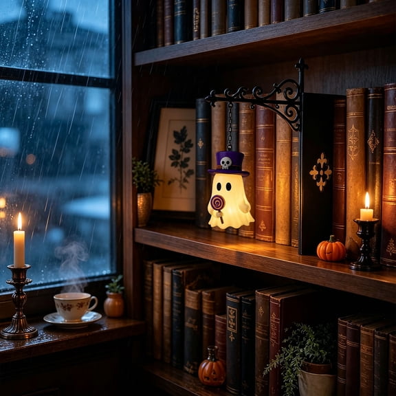 Vintage Library Lanterns Bookshelf Lamp, Ghost-Themed Decorative Bookend-Style Shelf Light, Warm LED Ambient Lighting, Battery Powered for Home Libraries and Reading Corners