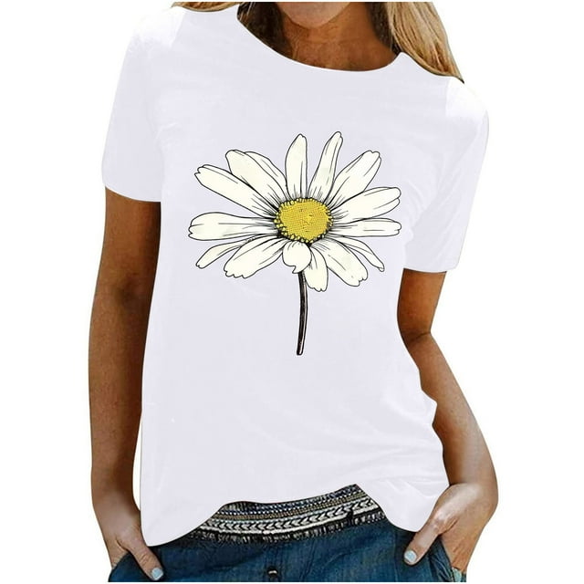 KIHOUT Nouveau Haut de Mode d'Été pour Femmes 2025, T-Shirt à Manches Courtes à Col Rond Décontracté à Imprimé Floral Blanc 2TG