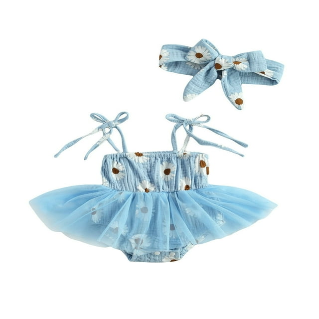 Bébé Fille Daisy Printing Lacets Bretelles Romper et Bandeau