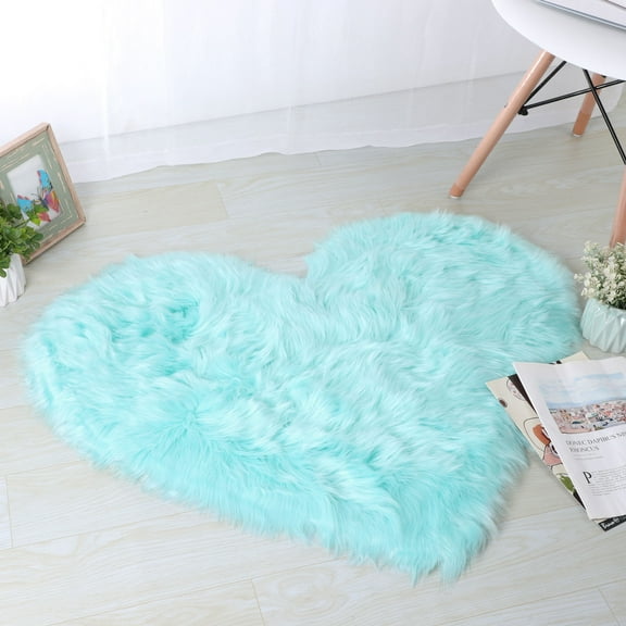 REGALWOVEN Faux Fur Area Rug Shaggy Floor Mat, Light Blue 2.3x3 feet Heart Shape