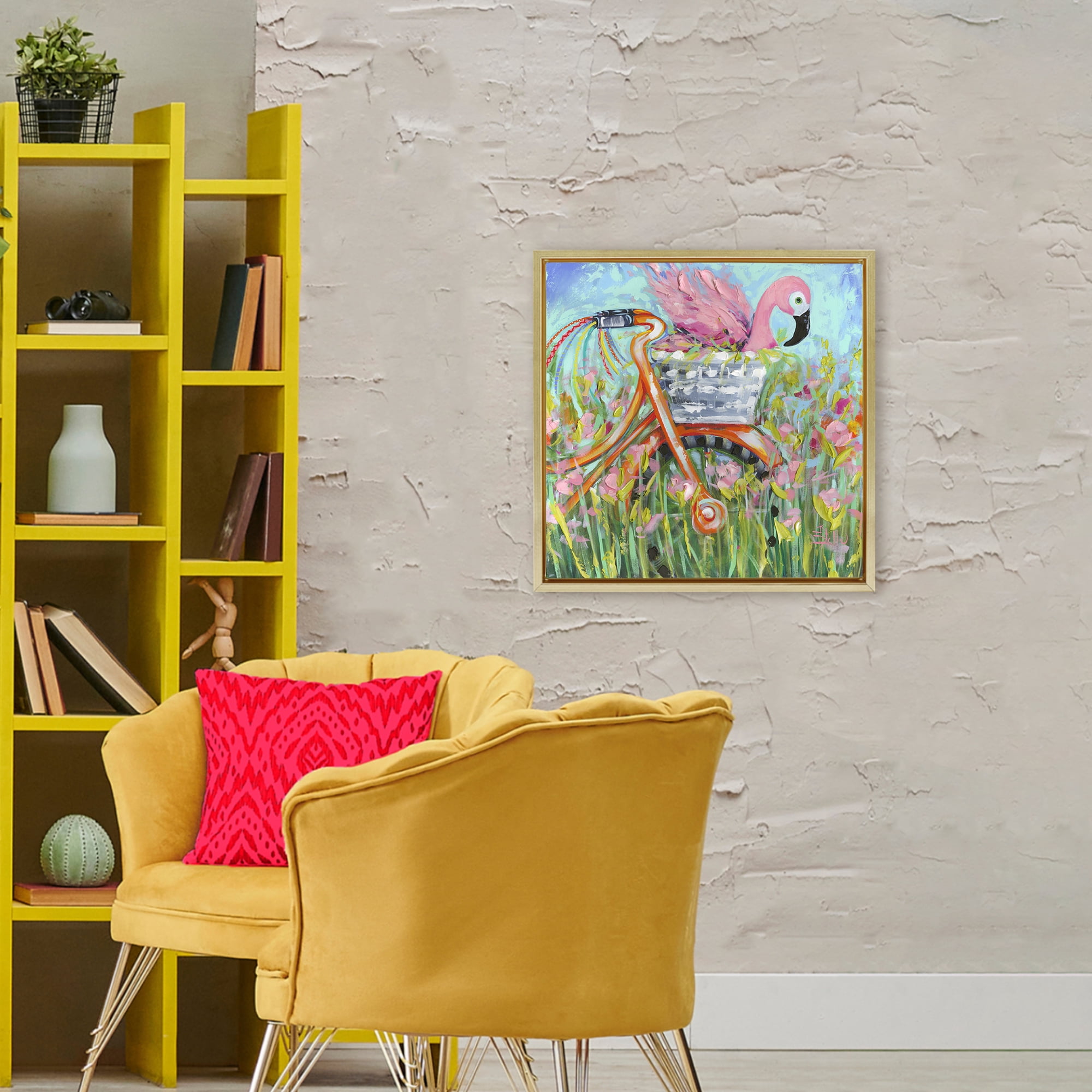 Stupell Industries Flamingo's Free Bicycle Ride Gold Framed Floater Canvas Wall Art, design by Estelle Grengs