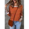 thumbnail image 1 of Women's Brown Extend Color Block Cuffs Rib Knit Striped Pullover, 1 of 25