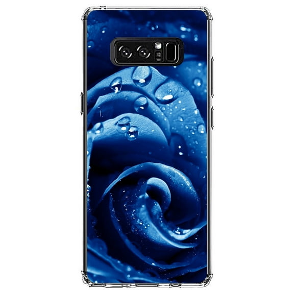 DistinctInk Clear Shockproof Hybrid Case for Samsung Galaxy Note 8 - TPU Bumper, Acrylic Back, Tempered Glass Screen Protector - Blue Dew Covered Rose