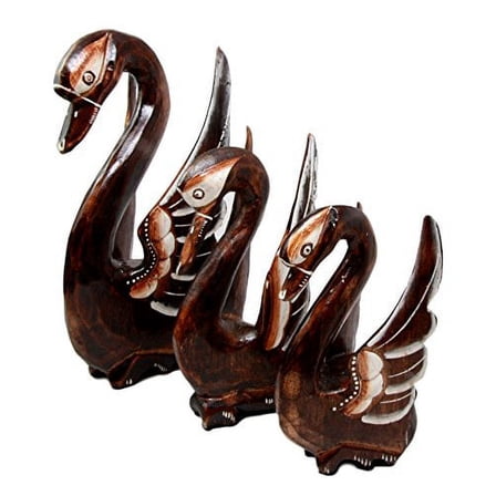 Balikraft Hand Made Wood Artisans "Angsa Wira" Graceful Moon Swan Family Set of 3 Decorative Figurines 10"H