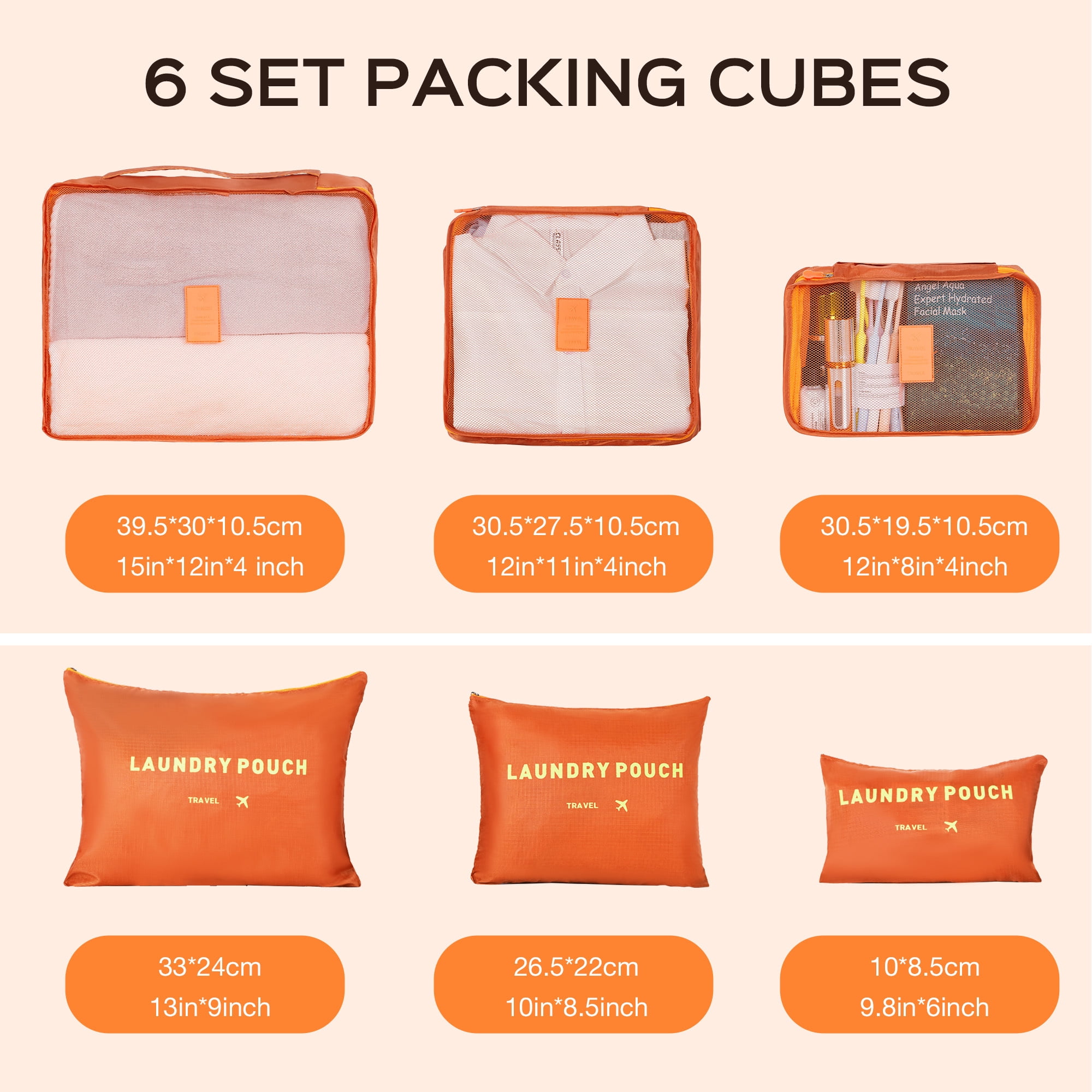 9 Piece Luggage Sets, Hard 20 24 28 inch Luggage with 6 Pieces Organize Bags Travel Suitcases Sets with Wheels, Orange