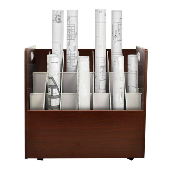 Adir Blue Print Storage Organizer - Mobile Roll File Cart, Construction Plan Holders, Blueprint Cabinet with Wheels, Roll Files Storage for Office and Home (21 Slots, Mahogany)