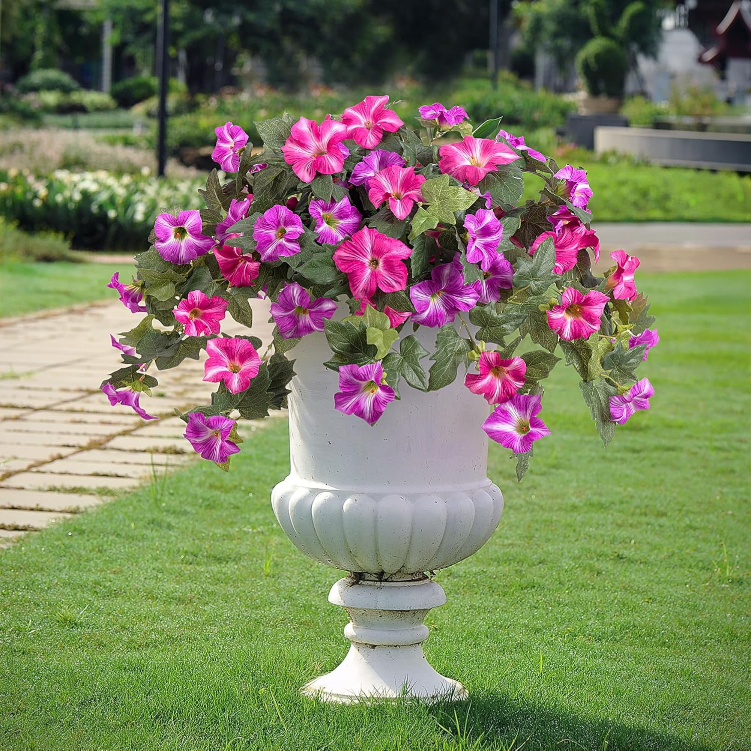Artificial Fake Flowers Plants for Spring Summer Decoration,2 Pcs No Fade Faux Petunias,UV Resistant Realistic Silk Flowers,for Home Garden Balcony Yard Porch Deco