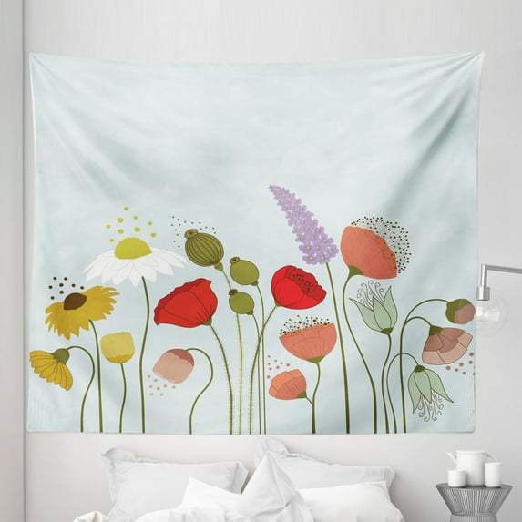 Flower Tapestry, Daisy and Peonies Pattern on Pale Blue Background Spring Cottage Nature Illustration, Fabric Wall Hanging Decor for Bedroom Living Room Dorm, 5 Sizes, Multicolor, by Ambesonne