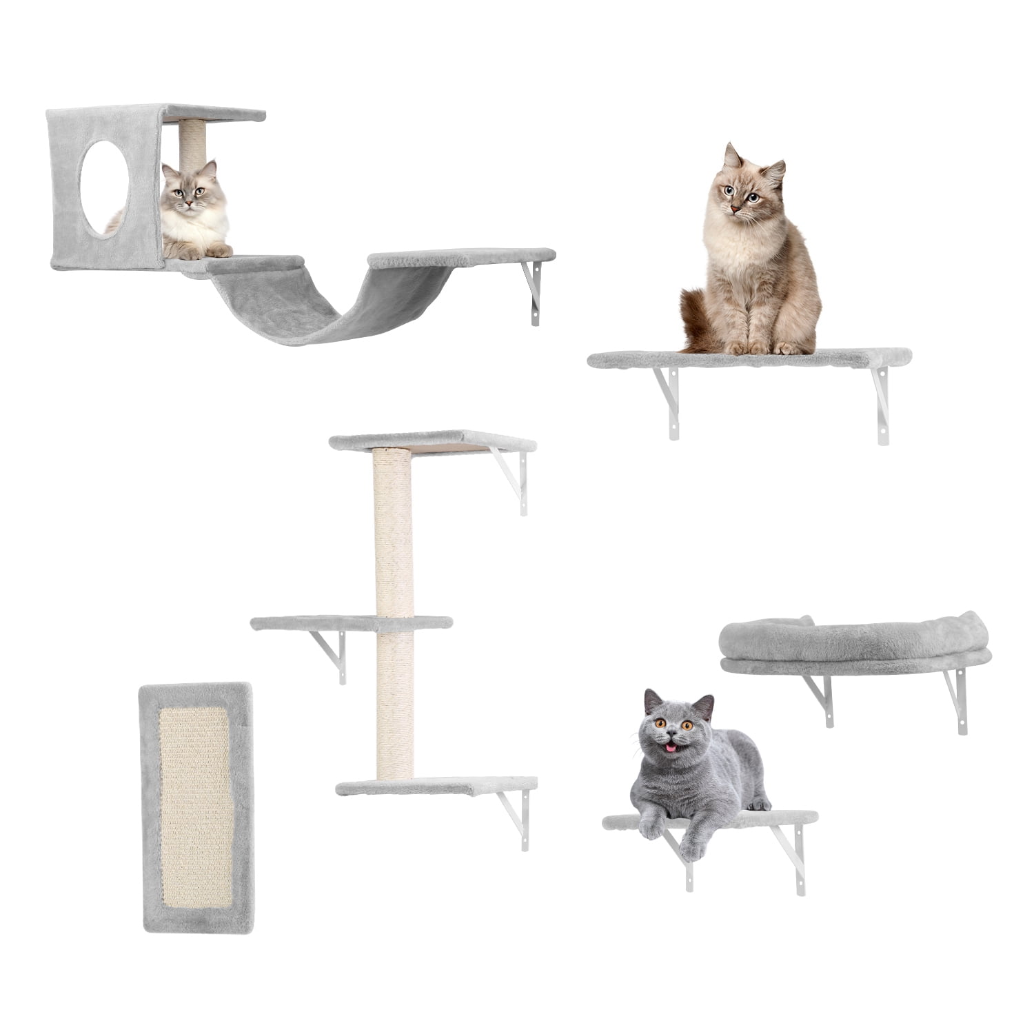 TeqHome Wall Mounted Cat Wall Shelves Set of 6 with Cat Tree Cat Perch Cat Scratching Post Cat Bridge Cat Houses Gray