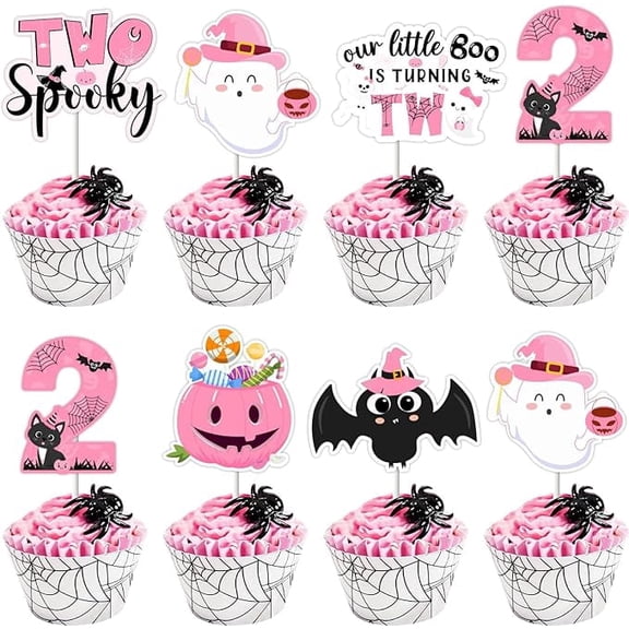 36 Pieces halloween 2nd Birthday Cupcake Toppers for Girl, Pink and Black Birthday Decor, 2nd Girl Birthday Party Supplies Double-sided Print