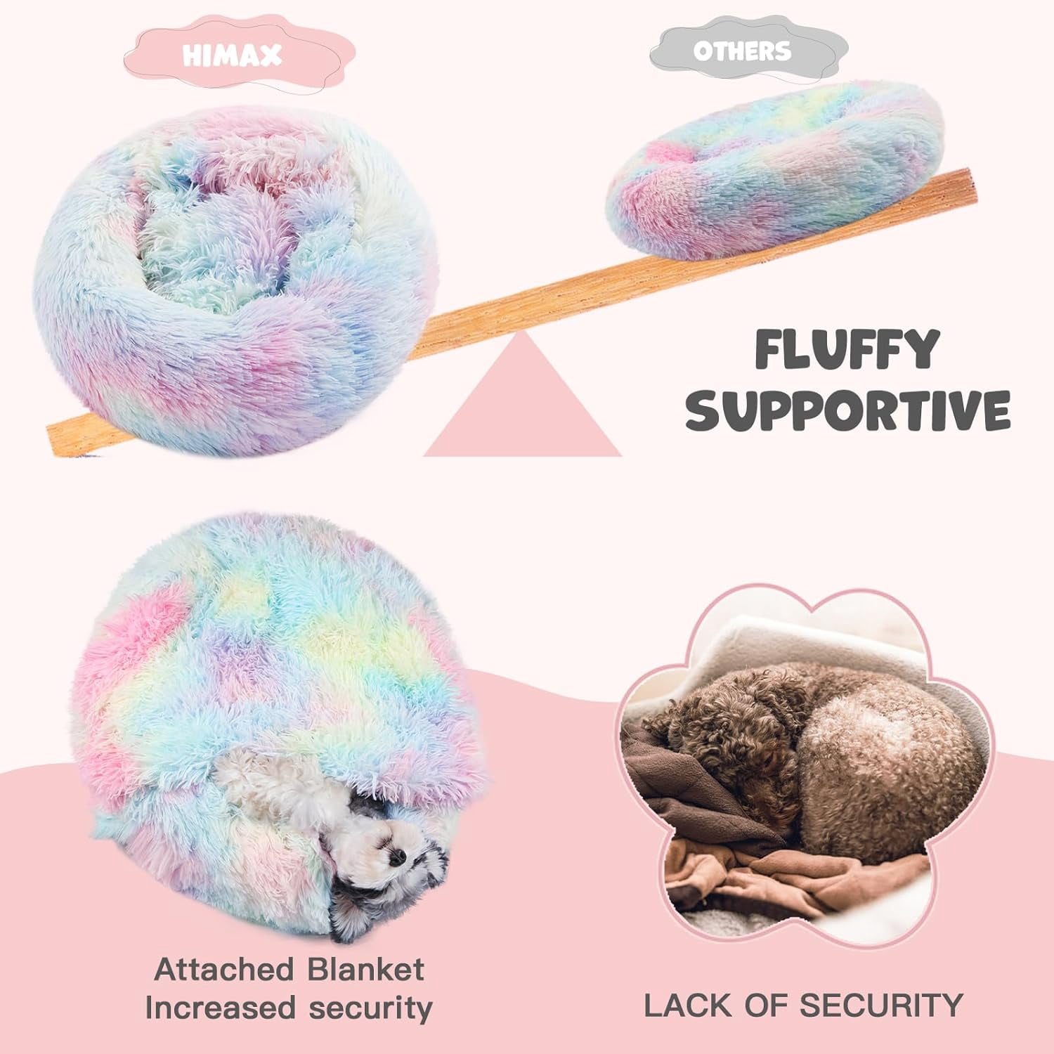 Dog Beds for Large Dogs, Donut Dog Bed with Blanket Attached, Calming Round Dog Bed Washable(20"/26"/35") Multicolor