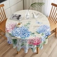 thumbnail image 3 of Blue Pink Hydrangea Round Tablecloth 54 inches Watercolor Spring Floral Green Leaf Newspaper Texture Waterproof Oil-Proof Table Cloth Round Table Cover for Holiday Party Picnic Dinner Decor, 3 of 9