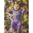 thumbnail image 6 of BemeyourBBs Newborn Baby Girl Mardi Gras Outfit Footed Romper Spring Fall Winter Carnival Clothes They Found Me In A King Cake Long Sleeve Ruffle Collar Letter Footied Embroidery Jumpsuit Headband, 6 of 9