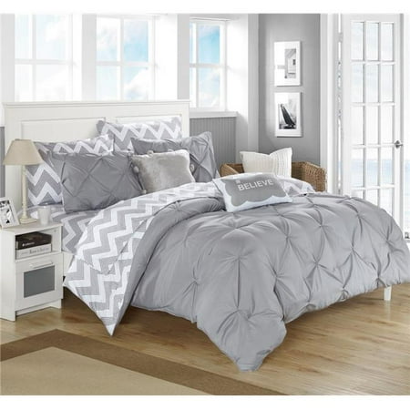 Bedding Sets Grey Chic Home CS2598-US Heathville 9 Piece Reversible Bag Ruffled Pinch Pleat Geometric Chevron Pattern Print Design Comforter Bedding Set, Grey ()