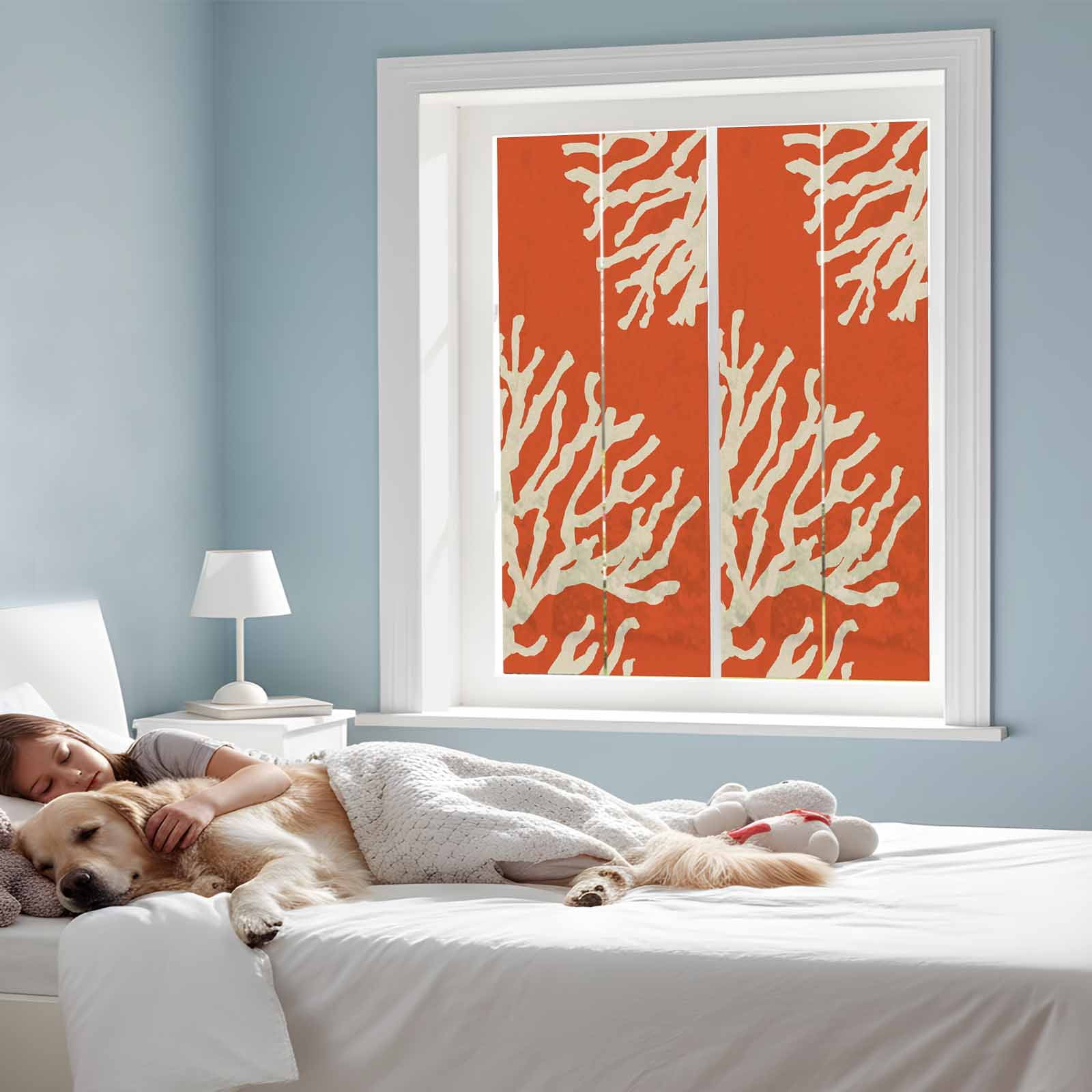 Coral Orange Window Privacy Film, Coastal White Ocean Marine Nautical Beach Static Cling UV Sun Blocking Heat Control Window Tint, Non-Adhesive One Way Windows Privacy Cover 17.7''x39.3''