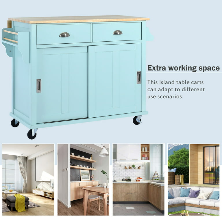 Dropship Kitchen Cart With Rubber Wood Drop-Leaf Countertop ,Cabinet Door  Internal Storage Racks,Kitchen Island On 5 Wheels With Storage Cabinet And  3 Drawers For Dinning Room, Grey Blue to Sell Online at