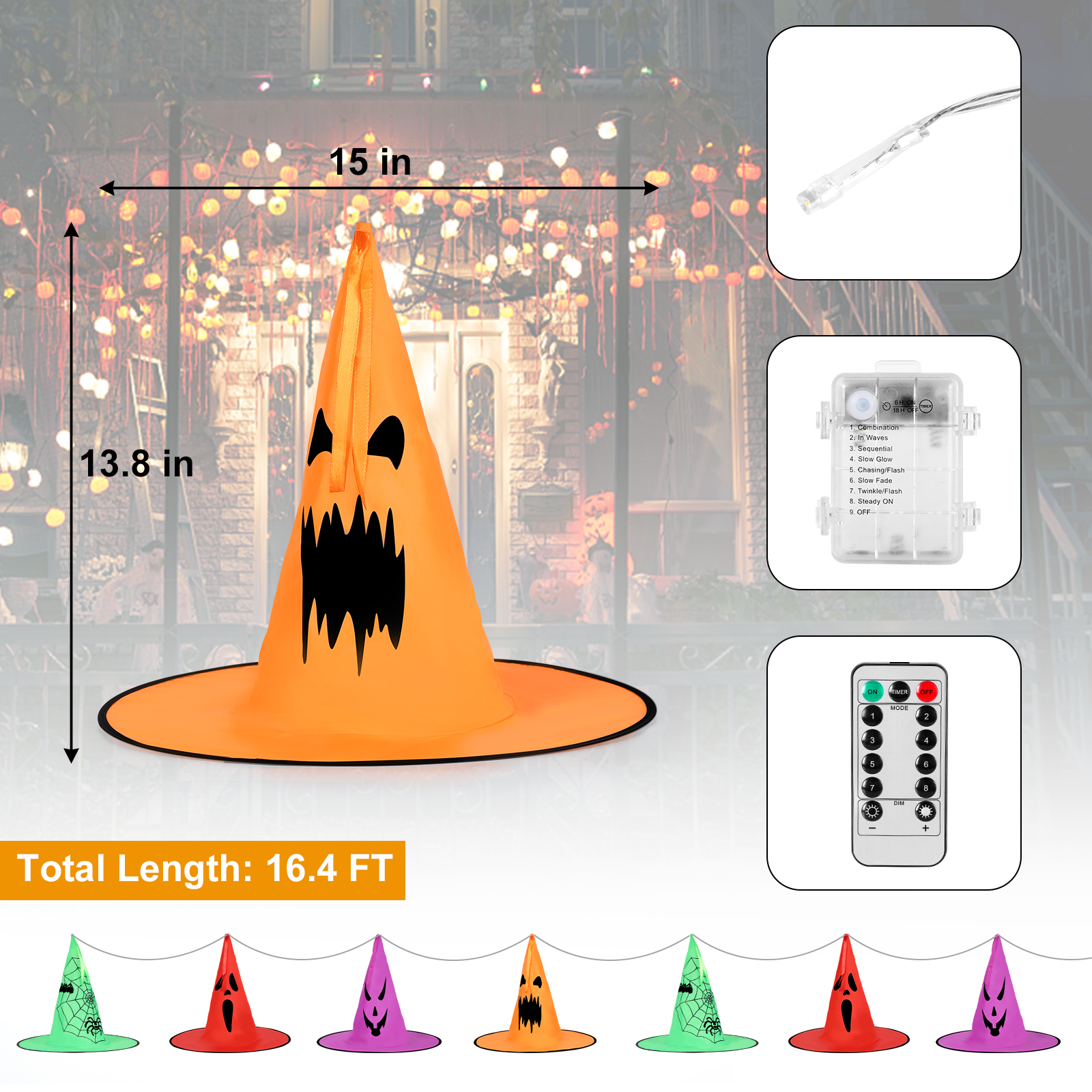 8 Halloween Hanging Light-Emitting Witch Hat Decorative Lights, Operated
