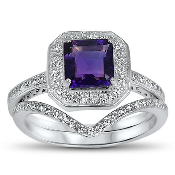 Genuine Amethyst Wedding Engagement Ring Set Vintage Princess Cut Silver Bridal Set Size 6