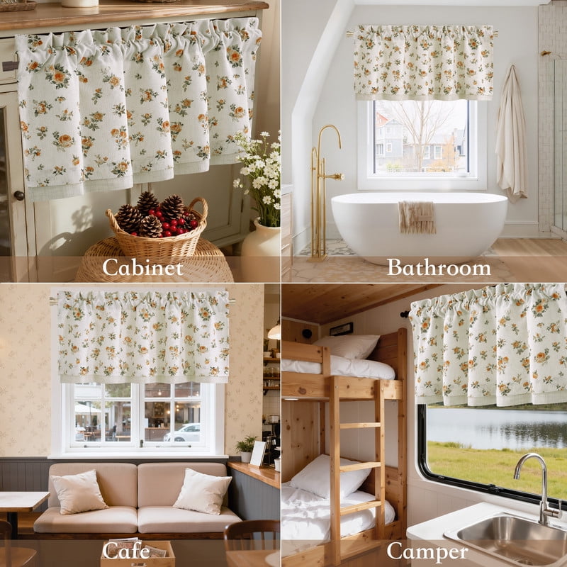 NICETOWN Floral kitchen valances for windows, Double Layer Linen Valance Curtains Rod Pocket Farmhouse Semi Sheer Light Filtering Linen Curtains for Bedroom Living Room, Yellow, 52"x18", 1 Panel