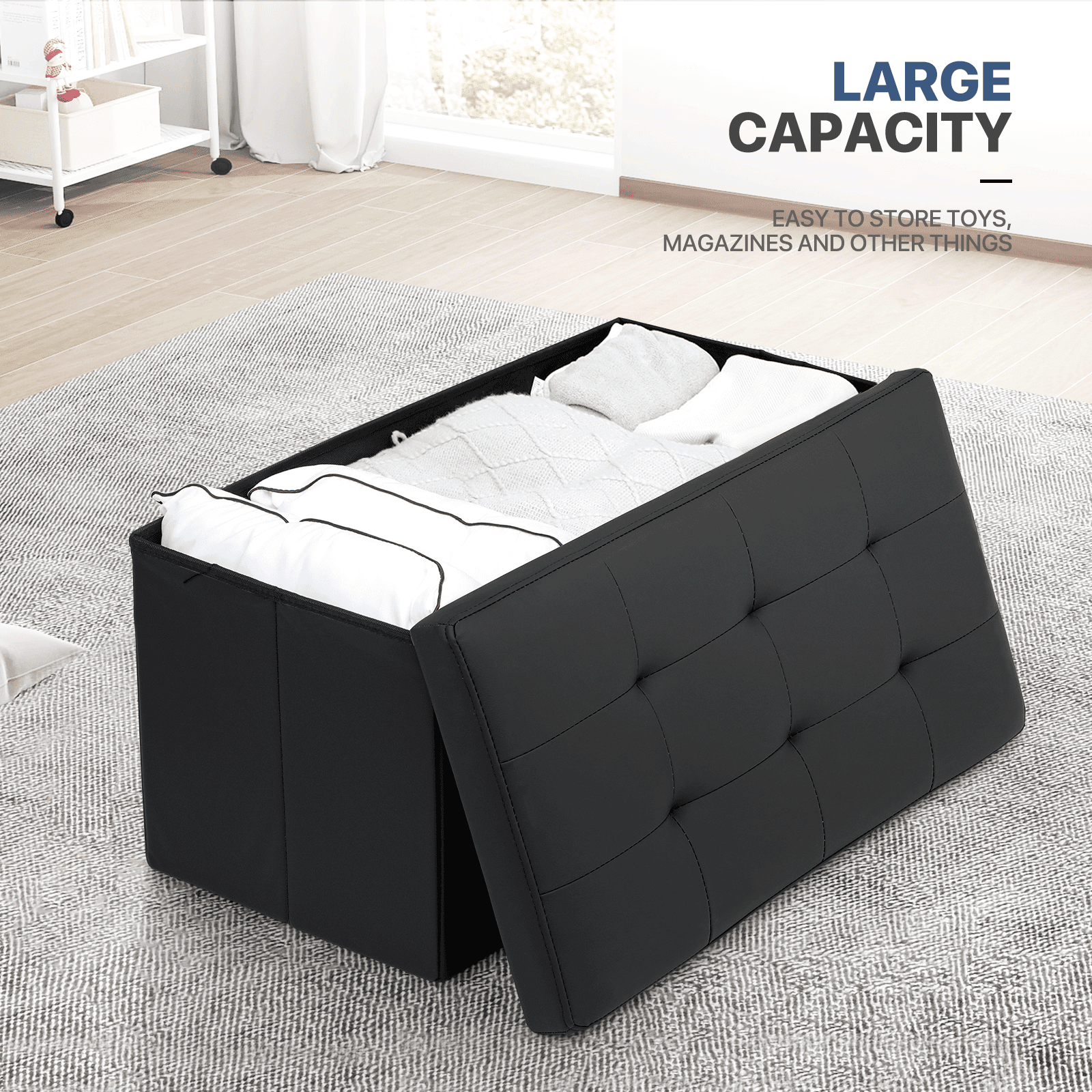 MoNiBloom 30" Folding Storage Ottoman Bench, PU Leather Collapsible Footrest Ottoman with Storage, for Living Room Bedroom Entryway, Black