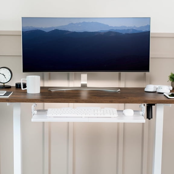 Large Under Desk 27 x 11 inch Computer Keyboard and Mouse Tray with Swinging Height Adjustment, 12 Settings, Platform Drawer for Typing, White