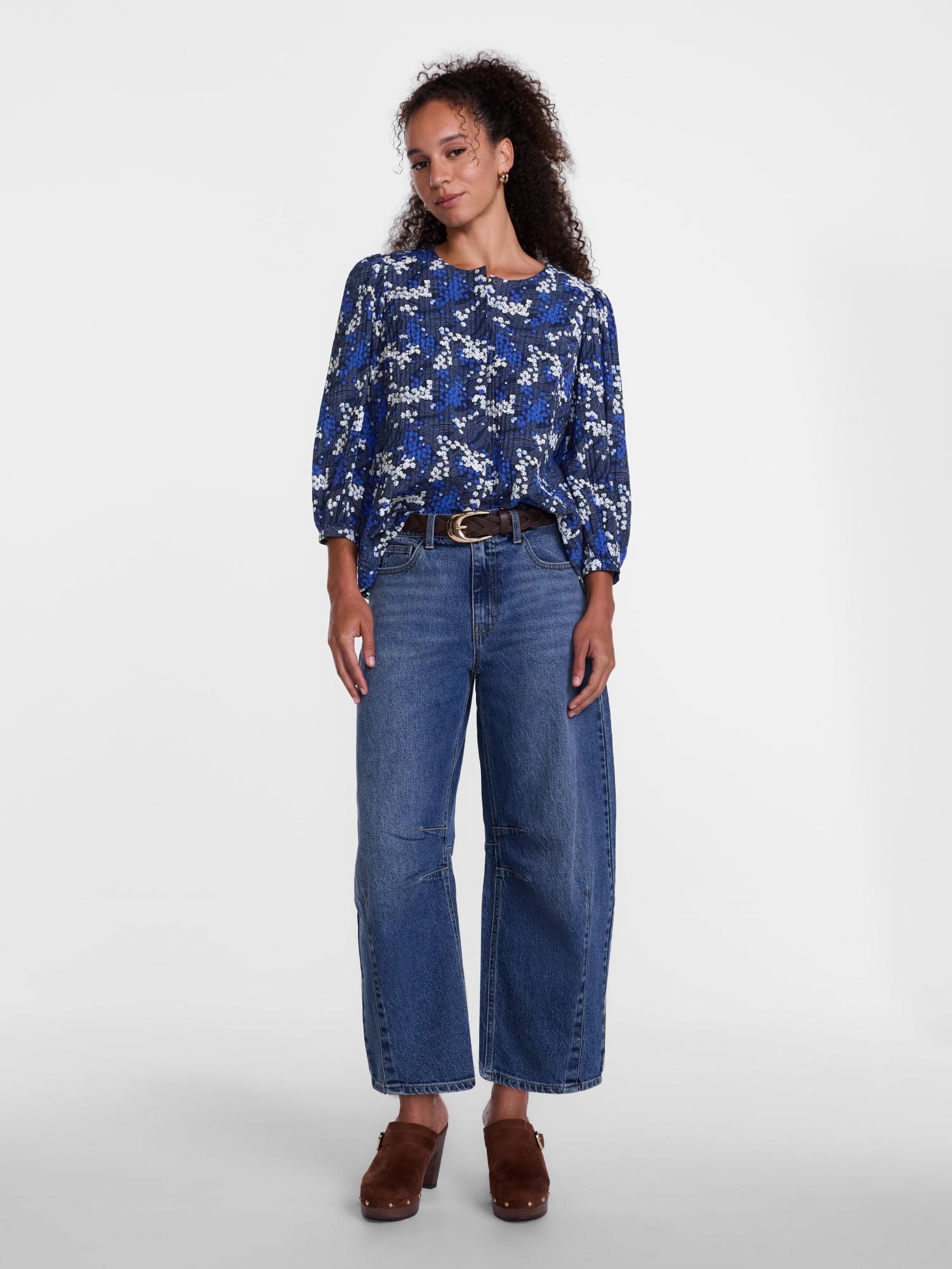 Scenario Women's and Women's Plus Blouse with 3/4-Length Puff Sleeves, Sizes XS-4X