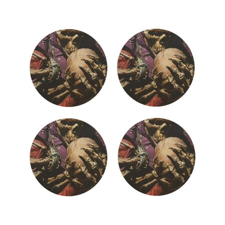 

Fuzoiu Eerie Skull Holding Another Print Leather Coasters Set Drink Coasters Set of 4 for Tabletop Protection Durable PVC Coasters Home Décor and Housewarming Gift-Round Shape