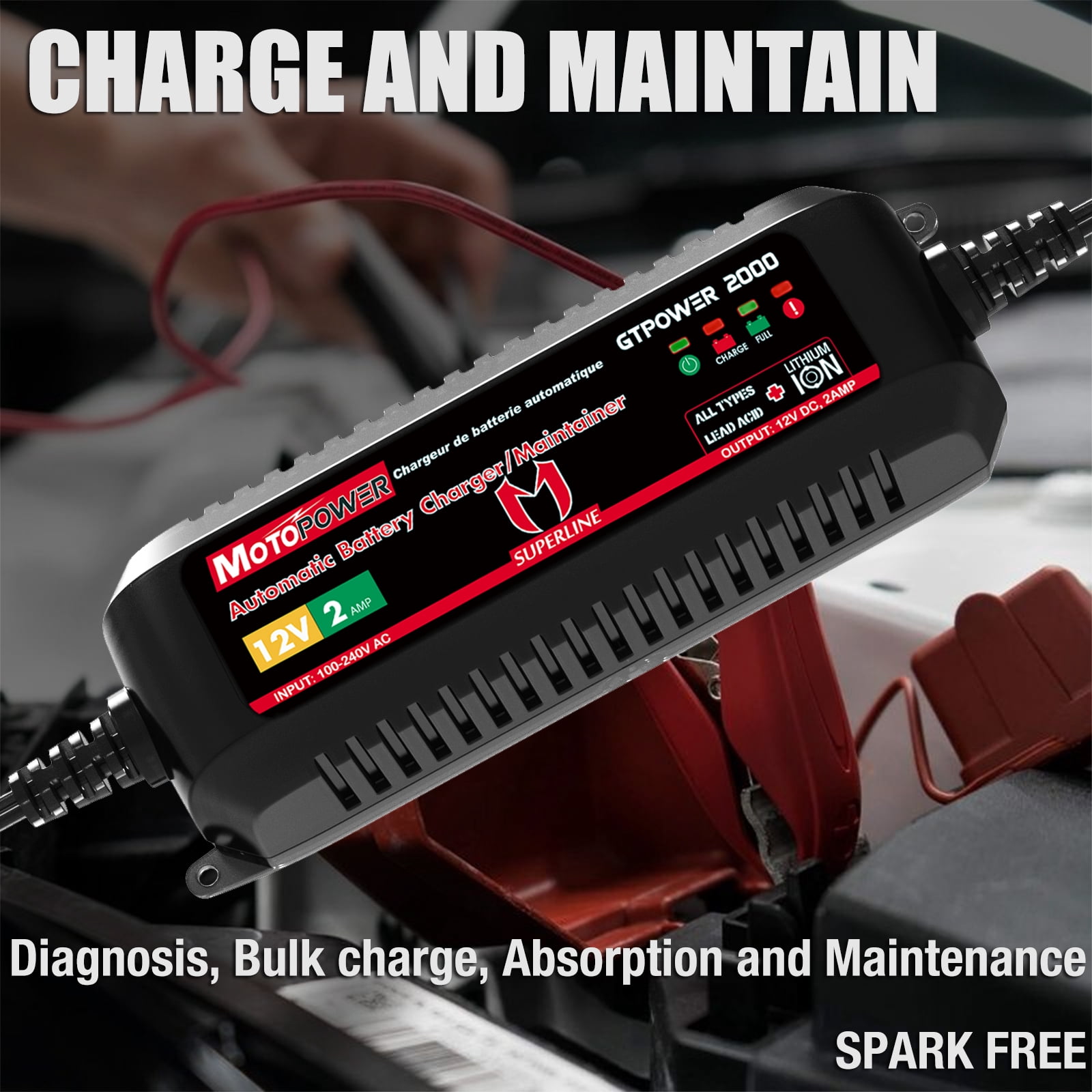 MOTOPOWER 12V 2Amp Automatic Battery Charger for Lithium Ion Batteries