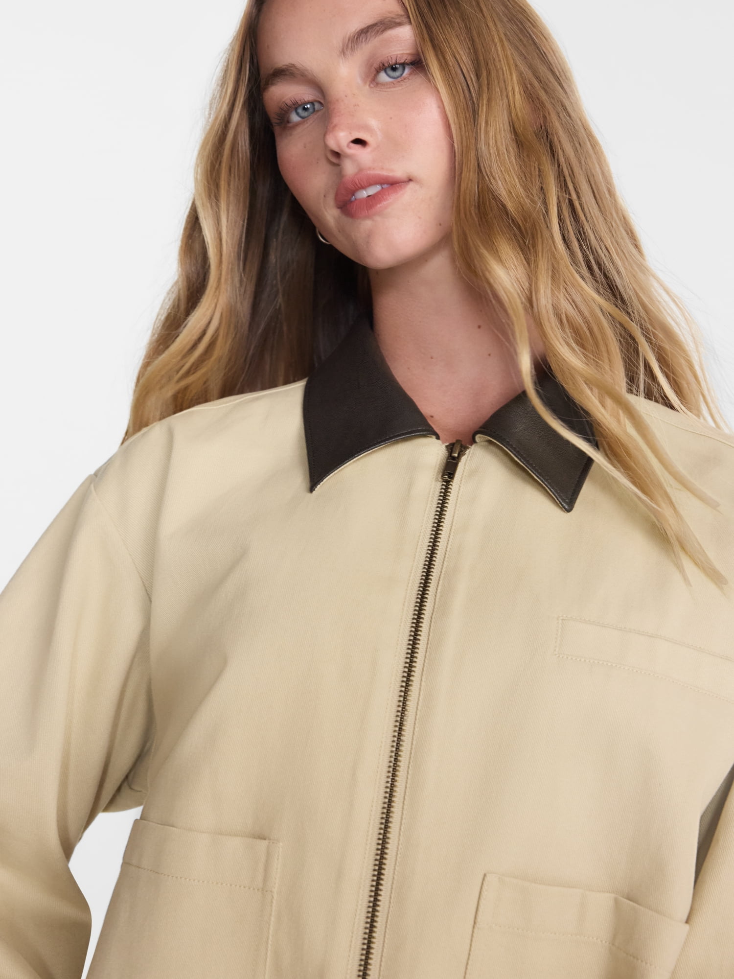 No Boundaries Cotton Twill Barn Jacket with Faux Leather Collar, Women's XXS-4X
