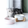 thumbnail image 5 of Plato de cerámica de mármol para gatos y perros con soporte de madera, sin derrames, comida para mascotas, alimentador de agua, gatos, perros pequeños, 5 of 5