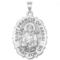 Saint Francis of Assisi Scalloped Religious Medal  - 2/3 x 3/4 inch Size of Nickel, Sterling Silver