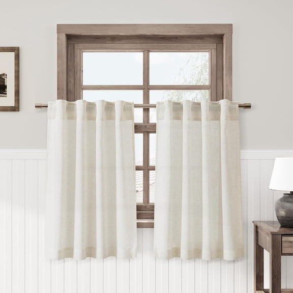 Cream Linen Cafe Curtain 30"x30" – Semi-Sheer Light Filtering Short Curtain for Kitchen & Bathroom
