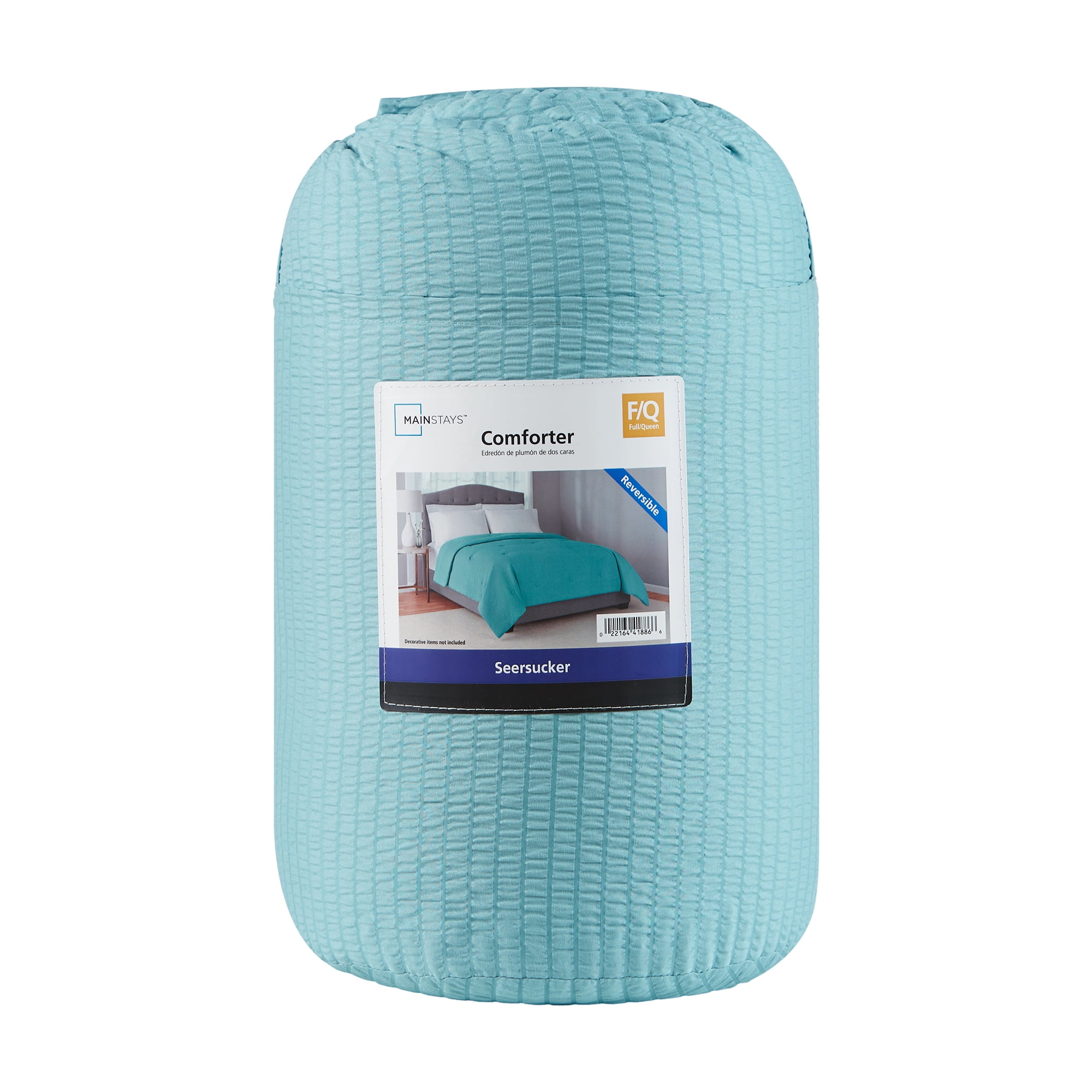 Mainstays Full/Queen Comforter, Reversible Down Alternative, All-Season, Blue Seersucker