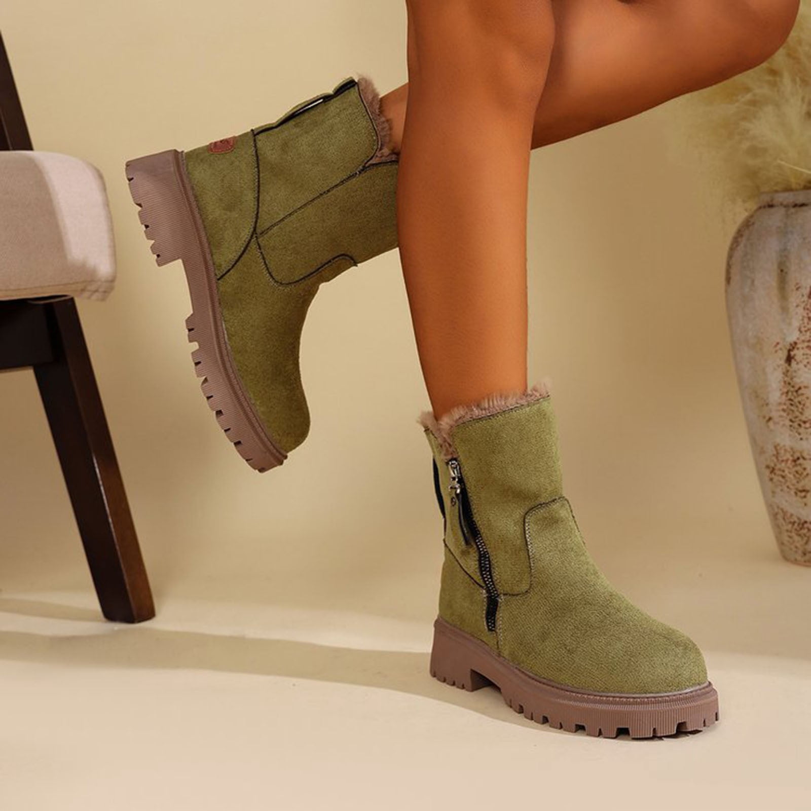 Xfvqtps Thermal Winter Boots for Women Warm Furry Lined Mid Calf Boots Waterproof Snow Shoes Non Slip Sole Outdoor Hiking Booties Comfortable Green