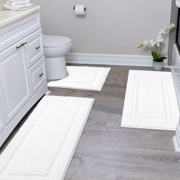Bathroom Runner Rugs Set of 3 Ultra Soft Bath Mat with U Shaped Toilet Rug Absorbent Non Slip Washable Bath Rugs for Bathroom Tub Shower, White