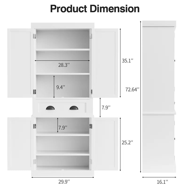 Lacoo 72'' Tall Pantry Cabinet with 4 Doors, Adjustable Shelves & Large Drawer, Storage Cabinet for Kitchen, Dinging Room, Living Room, White